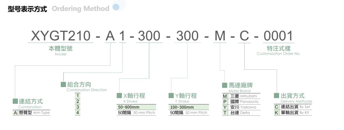 Track-Embedded Type Cartesian Robot XYGT Series Ordering Method
